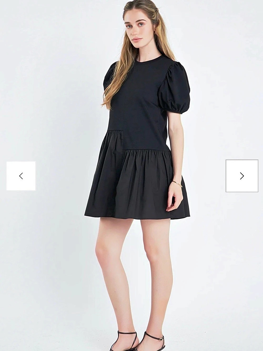 English Factory Knit Woven Mixed Dress Puff Sleeve Mini Black Large NWT